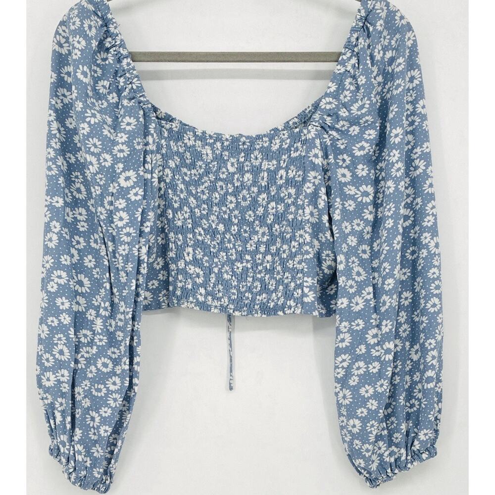 Blue Daisy Sz XS Milkmaid Y2K Cropped LS Rayon Cottage Core Prairie Blouse - Picture 4 of 9